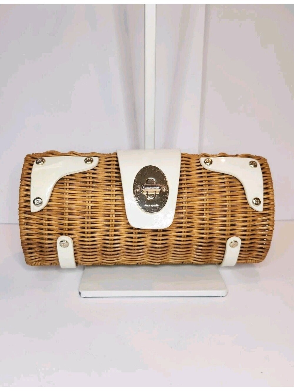 Kate Spade Vintage Wicker & White Patent Leather Clutch W/Turn Lock Closure RARE